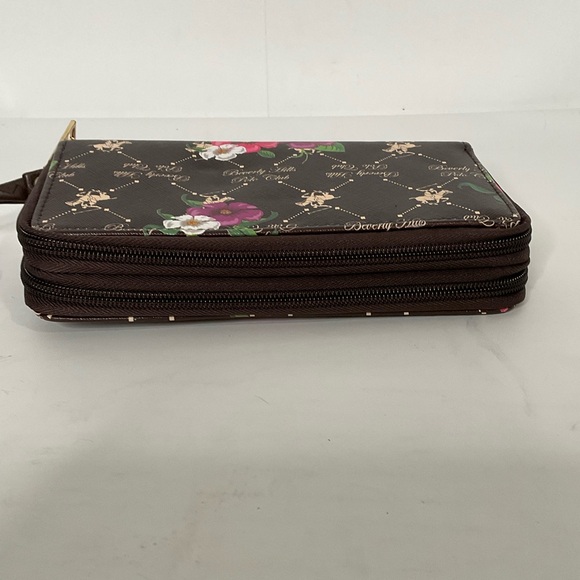 Beverly Hills Polo Club brown logo floral zip vegan leather wristlet wallet - Picture 8 of 14